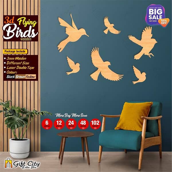 Gift City Presents Yellow Flying Wooden Birds for Kids Room, 6/12/24/48/102 Pcs Room Decoration, Decoration Accessories, Kids Room Decoration, Girls Room Decoration, Bedroom Decoration Ideas