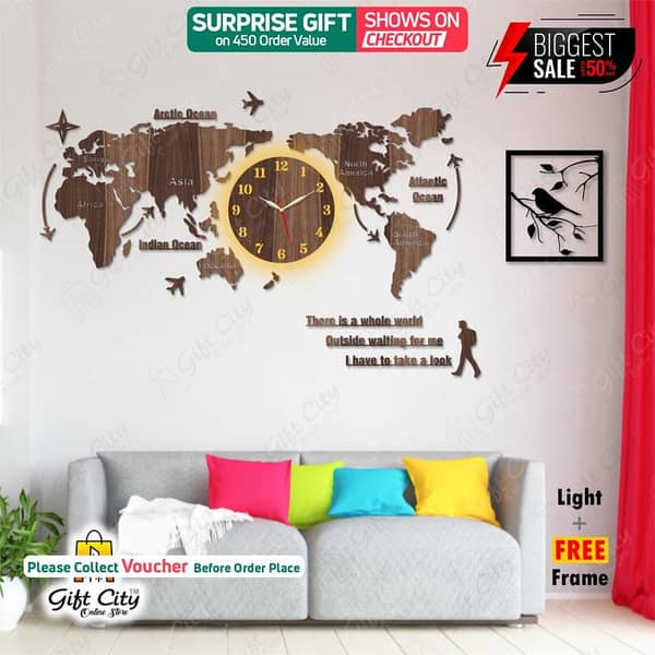 Gift City Brown World Map Wooden Wall Clock with Night View Rope Light - Free Frame Included