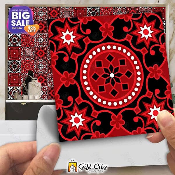 Ajrak Sindhi Black and Red Design Wall Decorative Self-Adhesive Tile Stickers by Gift City - 12x12 cm for Kitchen Wallpaper