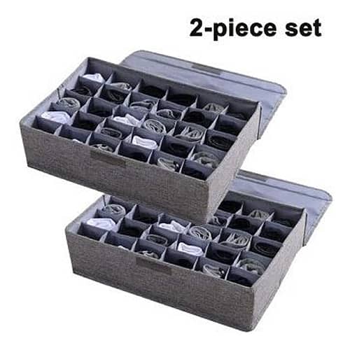 Set of 2 Foldable Underwear and Socks Storage Organizers with Lids, 24-Cell Closet Drawer Dividers