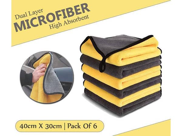 Microfiber Towel High Absorbent Dual Layer 40x30cm - Yellow Grey - Pack Of 6