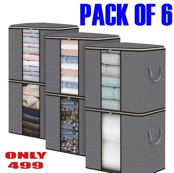 Large Jumbo Grey Clothes Storage Bag - Pack of 6 with Double Stripe Lines for Bedding and Clothing
