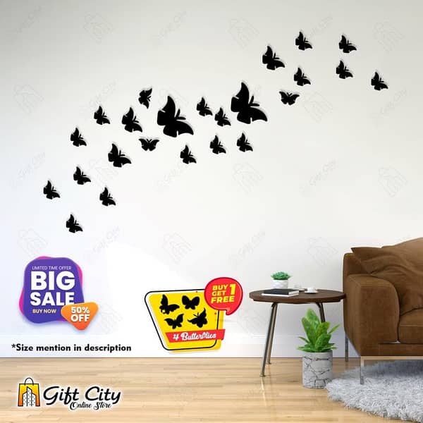 Gift City Presents Black Wooden Flying Butterflies 25 Pieces Different Size Wall Art for Home & Office Wall Stickers