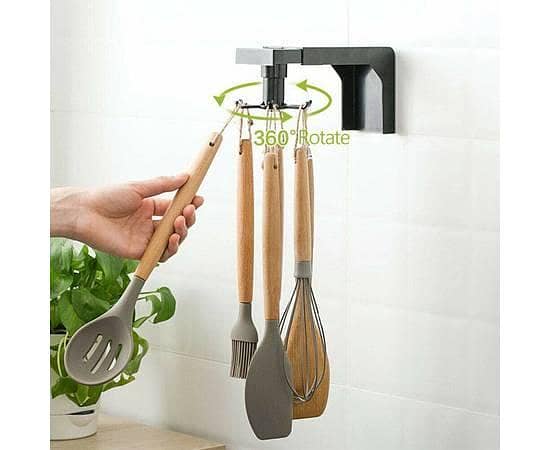 6 Hooks Kitchen 360° Rotating Hook Storage Rack Spoon Pan Pot Organizer - Black