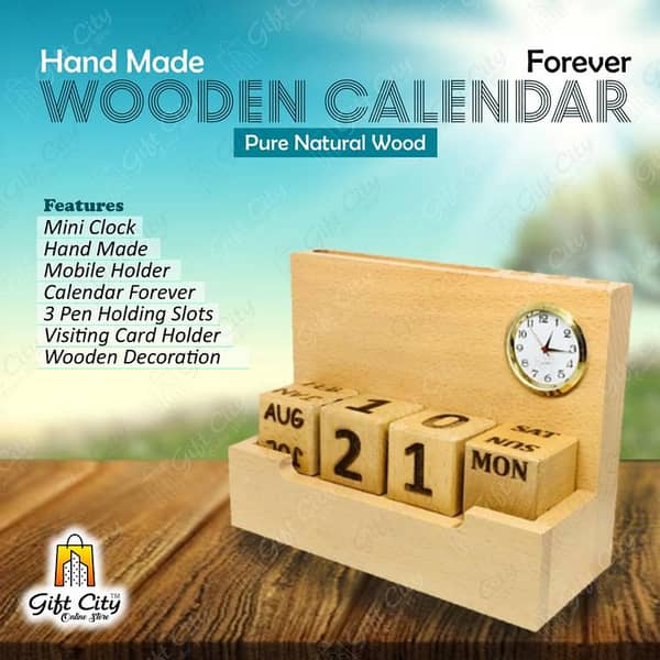 Wooden Desk Calendar with Clock, Pen Holder, Visiting Card, and Mobile Holder by Gift City