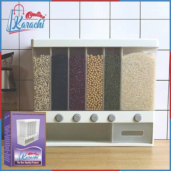 Online Karachi - 10KG Wall Mounted Divided Rice Dispenser Cereal Storage Tank 6 Moisture Proof Plastic Automatic Racks Whole Grains Multi-function Grid Rice Bucket Large Capacity Storage Dry Food Fruit Oatmeal Container Home Kitchen Storage Box of Bean Ca