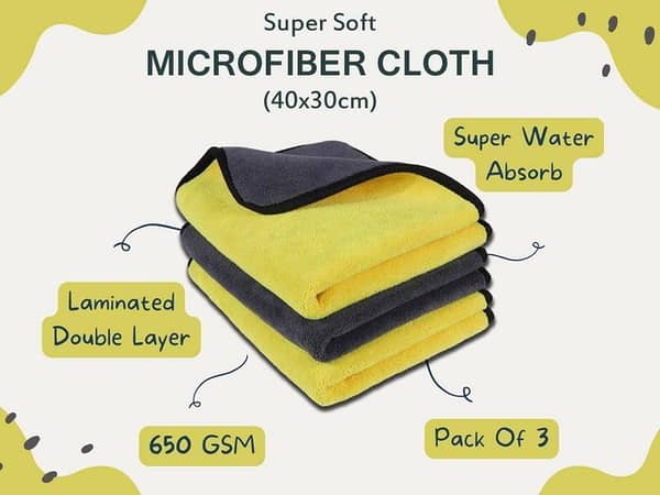 Microfiber Cloth | Microfiber Towel | Pack Of 3 | Laminated Double Layer | 650 GSM | 40x30cm