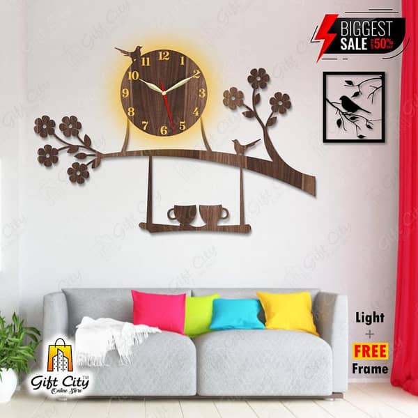Bird on Tree Wooden Wall Clock with Coffee Cup by Gift City - Illuminated for Nighttime Viewing