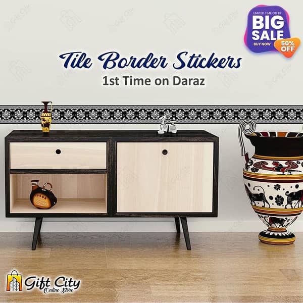 Gift City Black and White Pattern Decorative Self-Adhesive Border Tile Stickers - 24x7 cm for Kitchen and Bathroom
