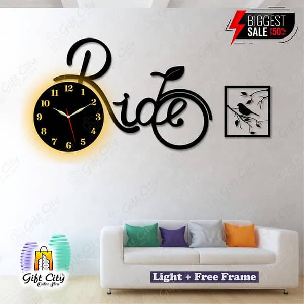 Gift City Black Ride Bicycle Wooden Wall Clock with Free Frame and Night View Light