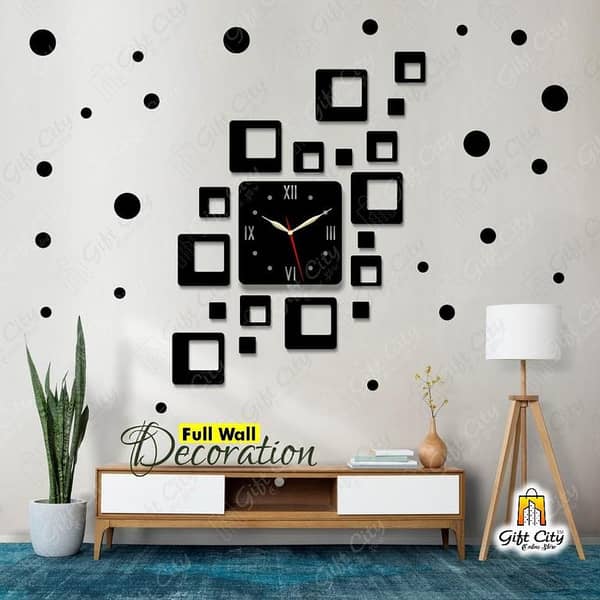 Gift City Square Wooden Wall Clock with 25 Polka Stickers - 3D Design Self-Adhesive