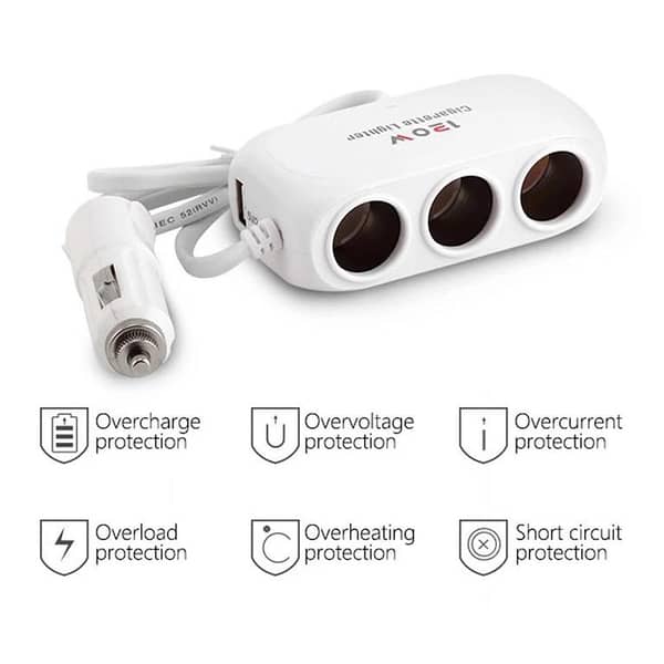 3 Way Universal Car Cigarette Lighter Socket Splitter LED Dual USB Charger Power Adapter White