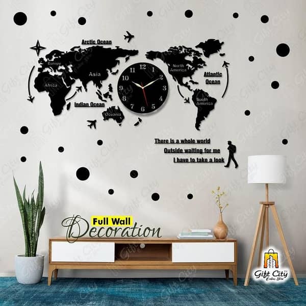 Gift City World Map Wooden Wall Clock with 25 Polka Stickers - 3D Design Self Adhesive for Home and Office