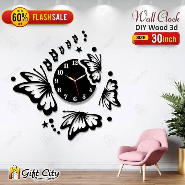 Flying Butterflies with Stars Wooden Wall Clock by Gift City - 3D Design, Self-Adhesive for Home and Office