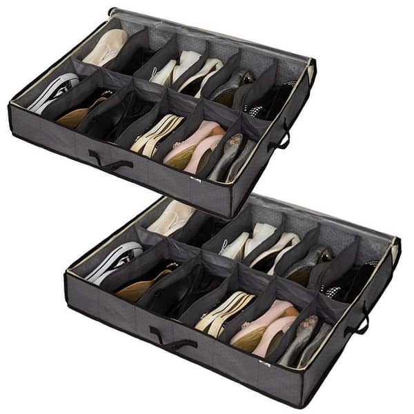 Under Bed Shoe Organizer with Front Zipper Closure - Easy Assembly - Holds 12 Pairs - 2 Pack