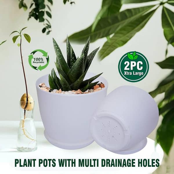 Indoor Planter Pots with Matching Saucer Tray - Set of 2 for Outdoor Garden Use with Drainage (Plants Not Included)