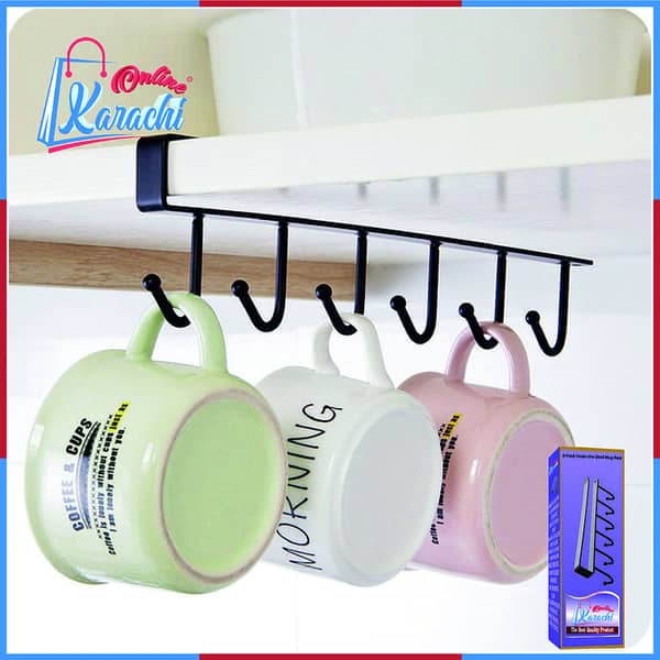 Online Karachi - 6-Hook Under-the-Shelf Mug Rack Kitchen Hanging Organizer Rack Mug Storage Holder / 6 Hooks Metal Hanger For Kitchen, Mug Cup Storage Rack Cupboard Hanging Coffee Cup Organizer Closet Clothes Shelf Hanger Knife, Spoons