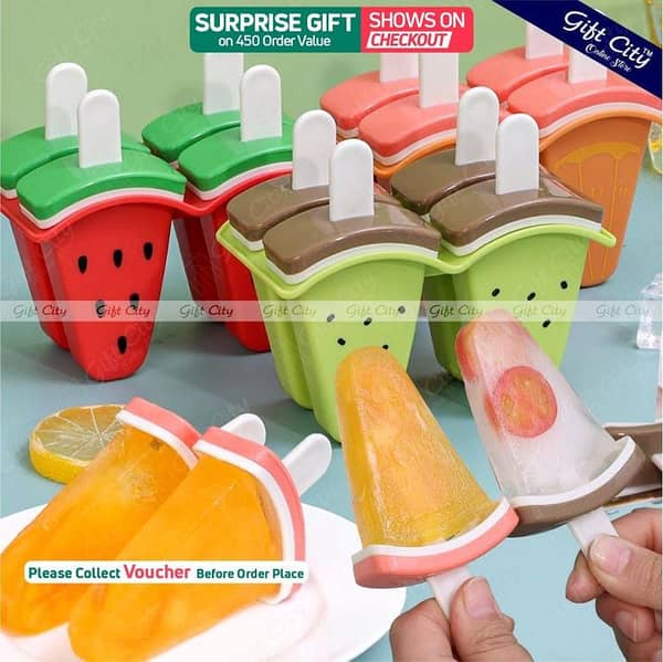 Fruit-Themed Ice Cream Mold Set by Gift City – 4-Compartment Reusable Popsicle Molds with Sticks