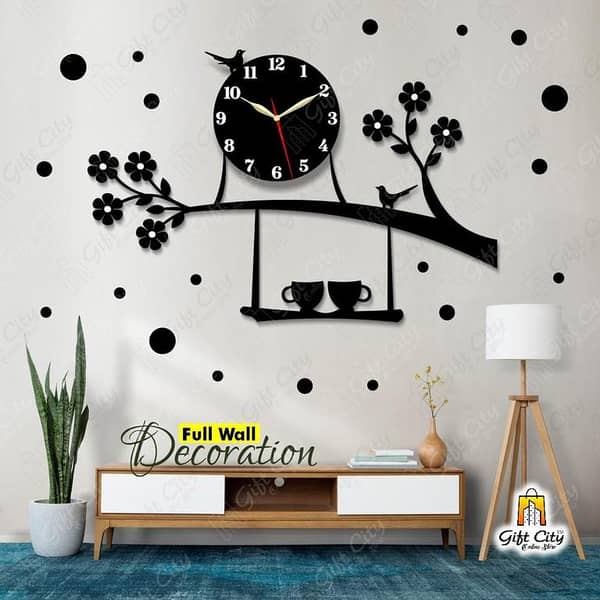 Gift City Wooden Wall Clock with Coffee Cups Design and 25 Polka Stickers, 3D Self-Adhesive