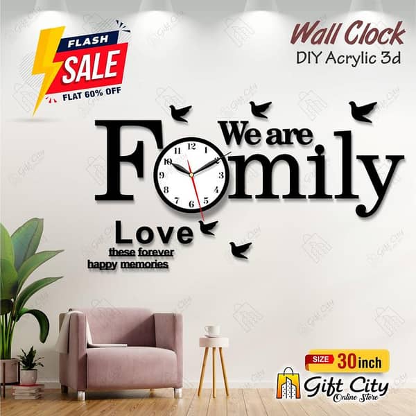 Gift City We are Family with Birds Acrylic Wall Clock - 3D Self-Adhesive Design for Home and Offices