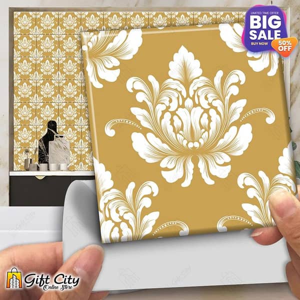 Gift City Golden Pattern Self-Adhesive Wall Tile Stickers - 12x12 cm for Bathroom and Kitchen