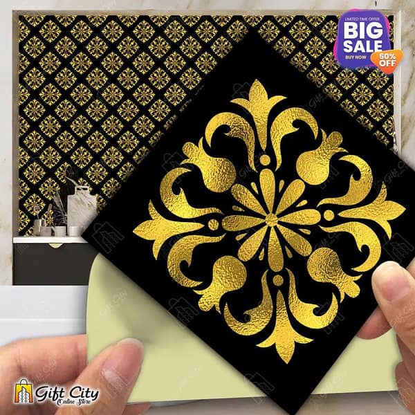 Gift City Flower Golden Foil Tile Stickers - 12x12 cm Decorative Wall Stickers for Bathroom and Kitchen