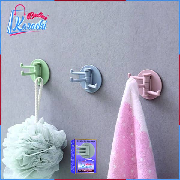 Online Karachi PACK OF 1pc  3Branch Self Adhesive Seamless Rotatable Strong Wall Stick Mount Hanger, Hooks For Kitchen, Bathroom Shower Organizer For Clothes Cloth Hats Keys - Multi Colour -