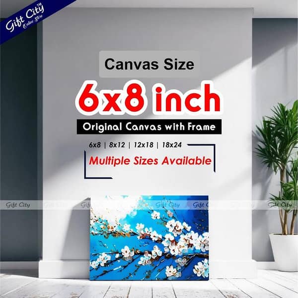 Abstract Oil Painting Canvas of White Cherry Blossoms on a Branch with a Bright Blue Sky by Gift City