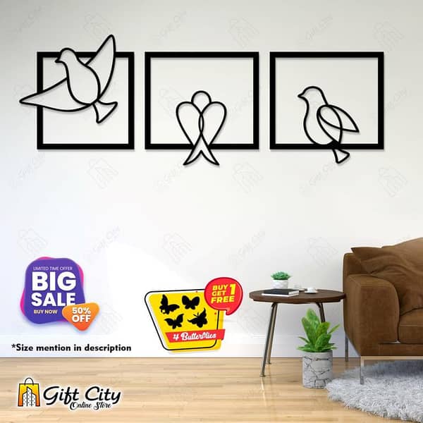 Gift City Presents Free 4 Butterflies + Trio Modern Birds Decorative Wooden Wall Panels / Frames for Home and Office