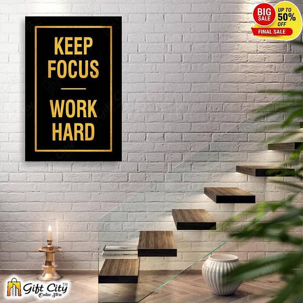Gift City Keep Focus Work Hard Motivational Quote Wall Clock and Frame for Office and Home Decor