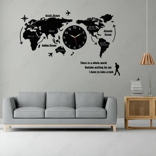 Gift City 3D Wooden World Map Clock in Black - A Wall Clock for Home and Office Decor
