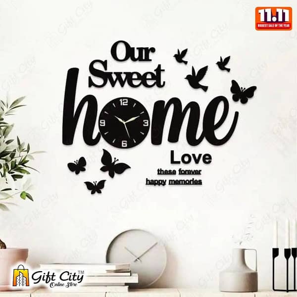 Gift City 3D Wooden Wall Clock with Butterflies, Birds, and Our Sweet Home for Bedroom, Living Room, and Office