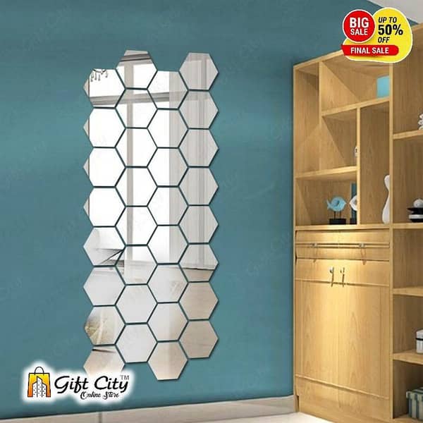 Gift City Silver Acrylic Hexagon Mirror Wall Sticker Set - 3D DIY Geometric Removable Wall Decals for Home Décor