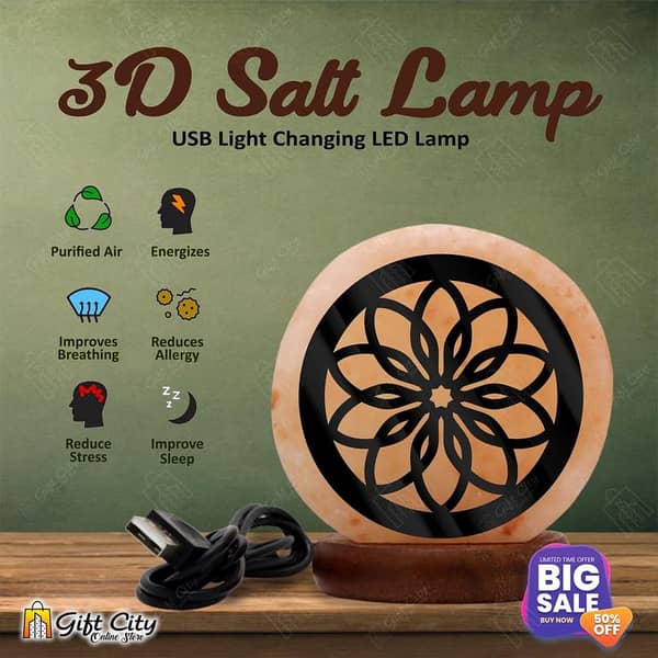 Gift City Floral Art 3D Acrylic Sheet 7 Color Changing USB Himalayan Salt Lamp for Home Decoration and Night Light - SLP