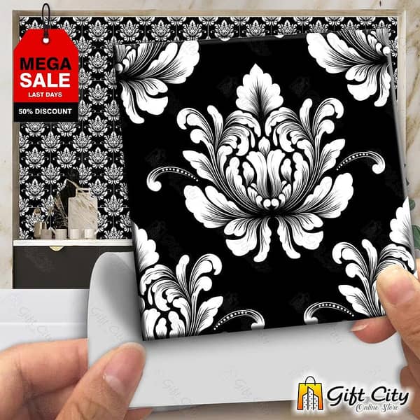 Gift City Black and White Pattern Wall Decorative Self-Adhesive Tile Stickers - 12x12 cm for Bathroom and Kitchen