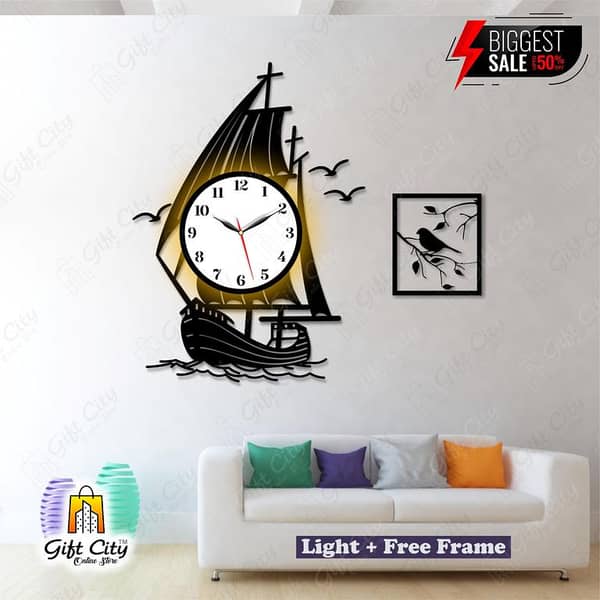 Gift City Black Yacht Kashti Wooden Wall Clock with Night View Light - Free Frame Included