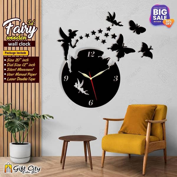 Gift City Presents 3D Laser Cut Girls & Kids Favorite Fairy Wooden Wall Clock , 2 Fairy With 9 Stars 3 Butterflies