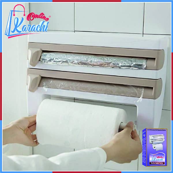 Online Karachi - 3 in 1 Kitchen Shelves Plastic Triple Paper Dispenser Preservative Film Rack Cloth Paper Foil Storage Organizer triple tissue dispenser