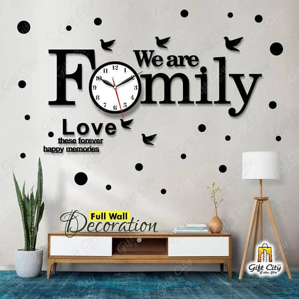 Gift City Wooden Wall Clock 'We are Family with Birds' and 25 Polka Stickers for Home/Office, 3D Design Self-Adhesive