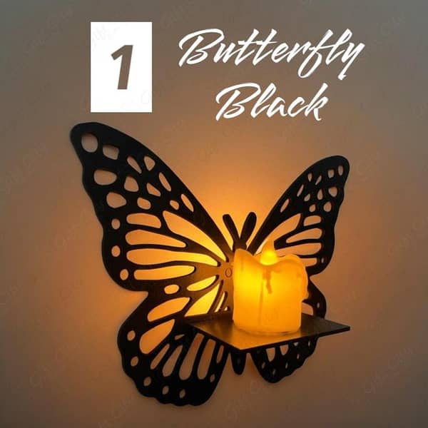 Gift City Presents Premium Wooden Butterfly Wall Shelf - Decorative Candlestick Holder, 3 Colors - Black, Brown, White