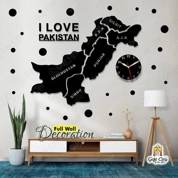 Gift City I Love Pakistan Map Wooden Wall Clock with 25 Polka Stickers for Home and Office, 3D Design Self-Adhesive