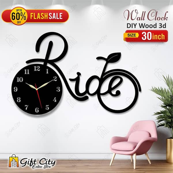 Gift City Wooden Wall Clock Featuring a 3D Bicycle Design for Home and Office, Self Adhesive
