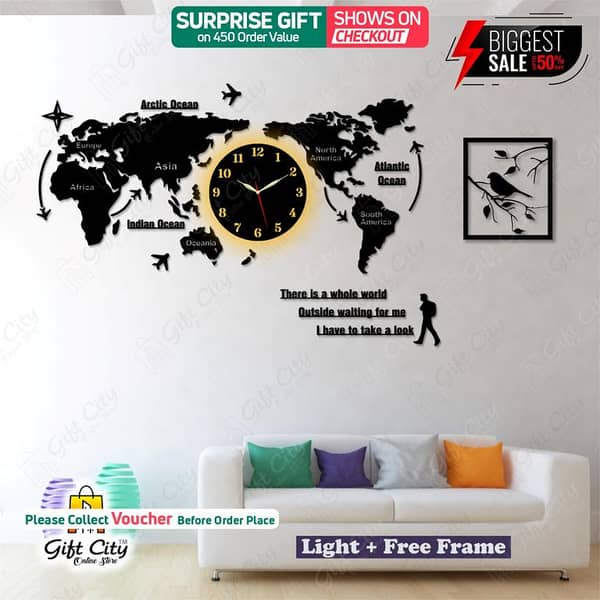 Gift City World Map Wooden Wall Clock with Rope Light for Night Viewing