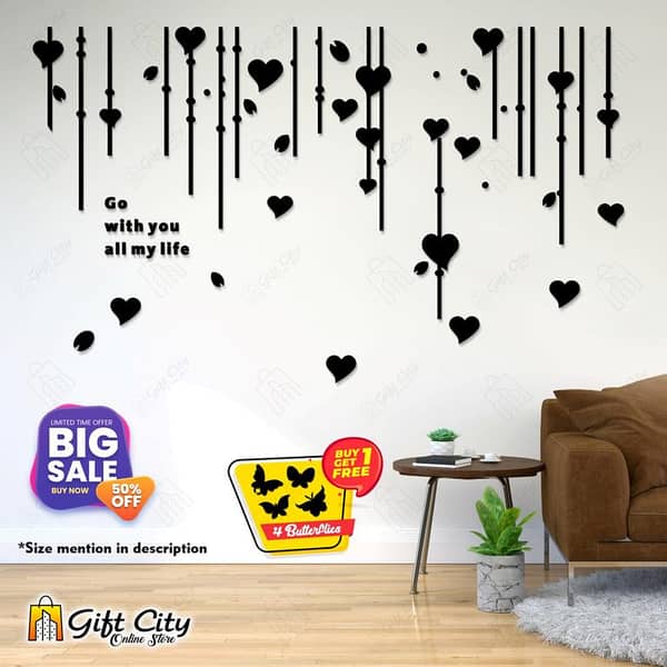 Gift City Presents Free Gift Presents Presents Black Wooden Falling Hearts Wall Art for Home & Office Wall Stickers