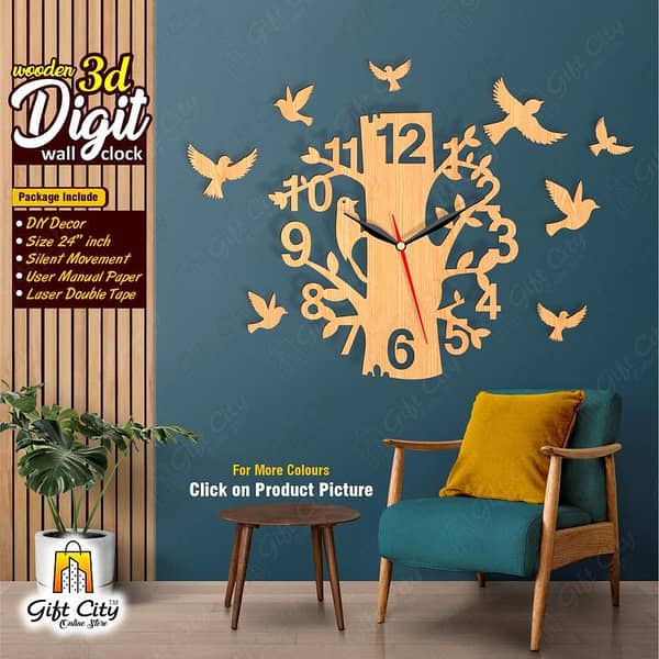 Gift City Wooden Wall Clock - Birds on Tree with Extra Flying Birds, 12-Inch 3D Laser Cut Design