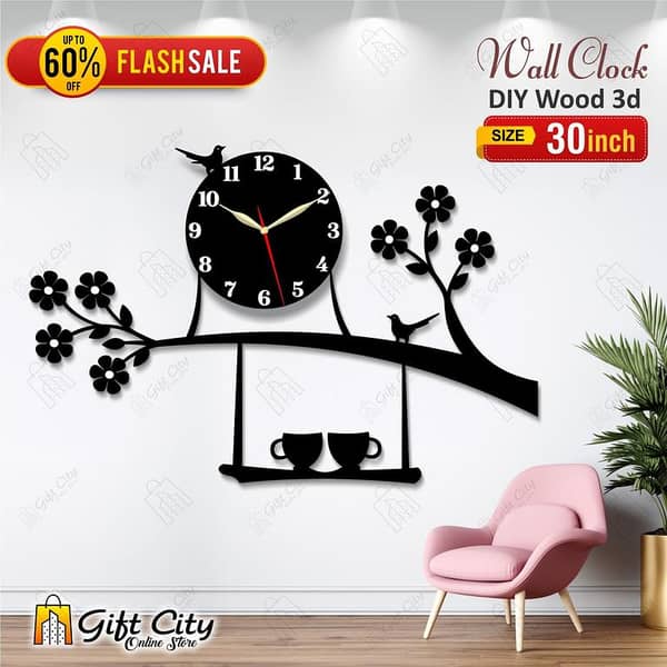 Gift City Wooden Wall Clock with 3D Bird and Tree Design, Coffee Cup Accent – Ideal for Home and Office