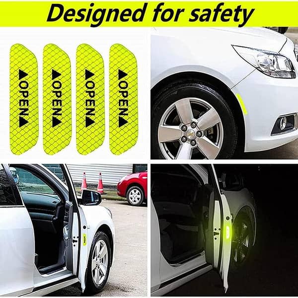 4 PCS Reflective Tape Stickers for Car Doors - Safety Warning with Open Sign - Auto Decor for Vehicles and Helmets