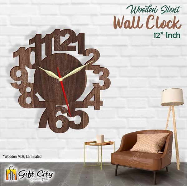 Gift City Presents Numbering 3D Silent Wooden Wall Clock - Home & Office Decor - Laser Cut