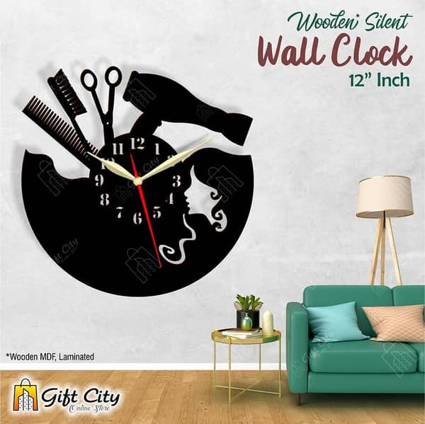 Gift City Presents Beauty Salon 3D Silent Wooden Wall Clock - Home & Office Decor - Laser Cut