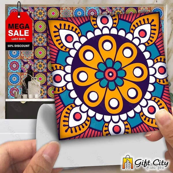 Gift City Colorful Mandala Pattern Self-Adhesive Wall Tile Stickers, 12x12 cm, Multiple Packs Available for Bathroom and Kitchen Decoration